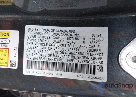 2024 Honda Civic Sport from USA, damaged, VIN 2HGFE2F5XRH571998